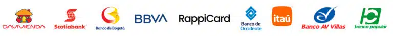 Bancos aliados: Davivienda, Bancolombia, Banco de Bogotá, BBVA, RappiCard, Itaú, Banco del Valle, Banco Caja Social